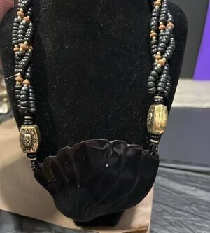 Rare Artsy Vintage Hand Carved Beaded Necklace Large Black Shell Pendant